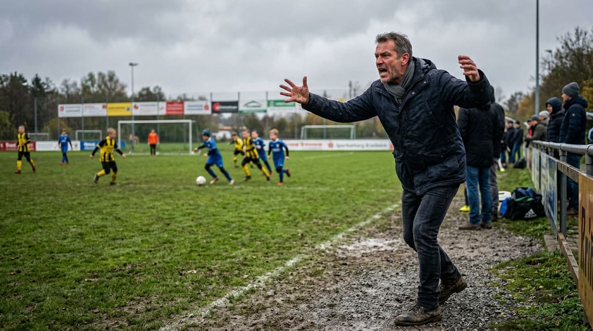 Vater gestikuliert aufgebracht am Spielfeldrand beim Jugendfußball.